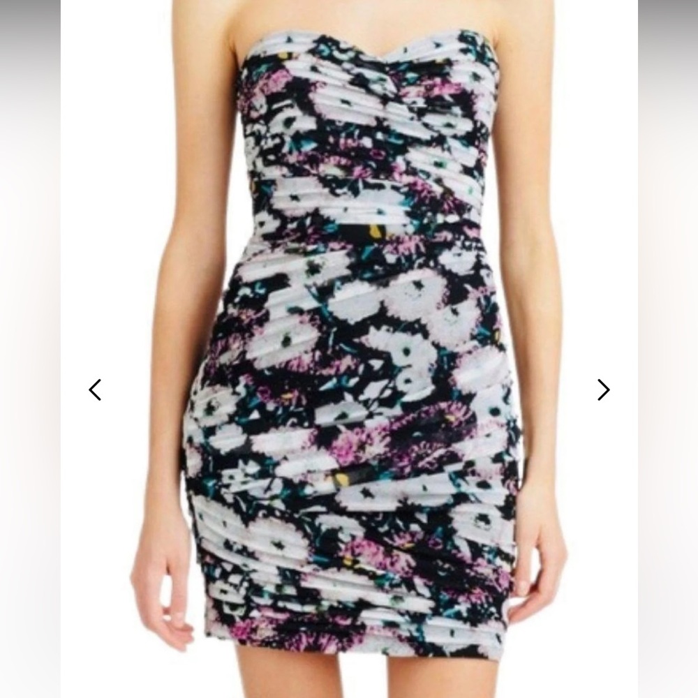 BCBGMaxAzria Strapless Ruched Bodycon Dress in Black, White, Pink & Teal - Picture 4 of 11